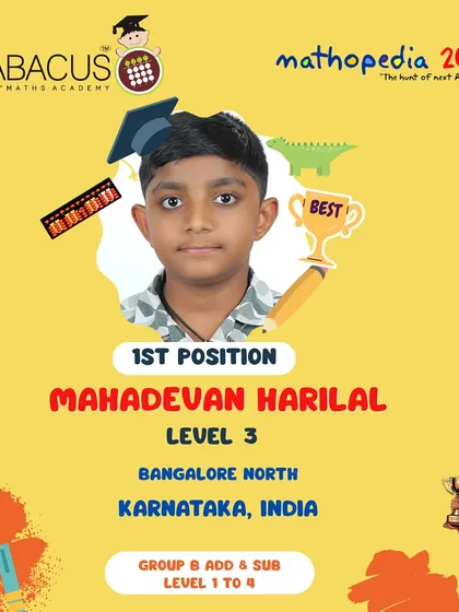Mahadevan Harilal from Bangalore North, securing 1st Position in his level at Mathopedia 2025.