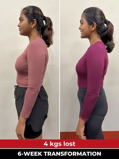 The side profile of Bavithra's transformation highlights her journey toward becoming more mindful with her food and consistent with her workouts.