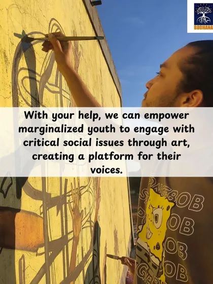 These images are part of a fundraising campaign for the Travelling Arts Film Festival during Daan Utsav. They show the power of art in activism, from community circles to murals, and call for support to empower marginalized youth through creative expression.