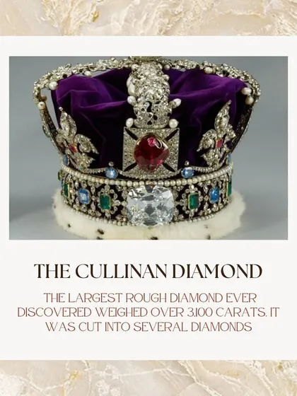 The Cullinan Diamond is the largest gem-quality rough diamond ever discovered, weighing an incredible 3,100 carats. It was cut into several smaller diamonds, many of which are now part of the British Crown Jewels.