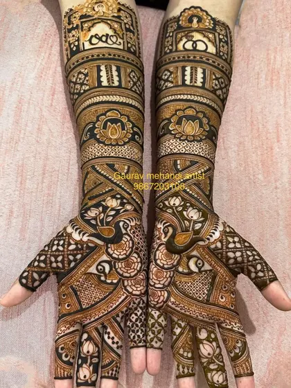 A stunning example of a full-coverage design with repeating peacock motifs, creating a mesmerizing and symmetrical pattern.