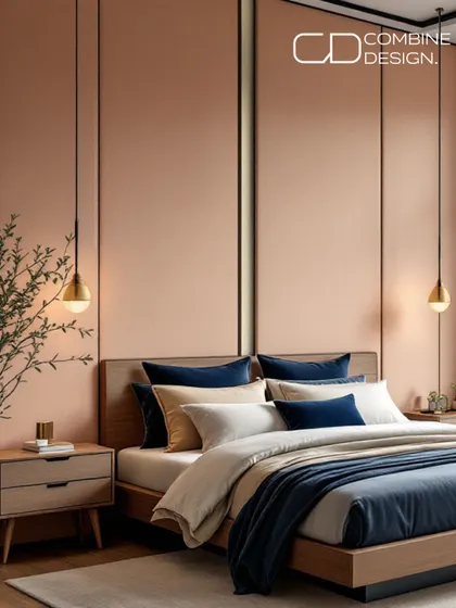 A beautifully styled shot of the peach and blue bedroom, focusing on the bed itself. The layered bedding in complementary tones and the elegant pendant lights create a cozy and inviting atmosphere.
