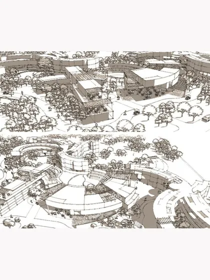 Perspective sketches for the institute, based on the idea of buildings "falling from the sky" to land gently between the existing trees.