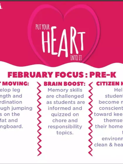 Our February focus for Pre-K includes developing leg strength through jumping, challenging memory skills, and learning about keeping our environment healthy.