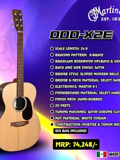 The Martin 000-X2E, a versatile auditorium-style guitar. This graphic shows its Brazilian rosewood pattern HPL back and sides, satin finish, and hand-rubbed neck for smooth playability.