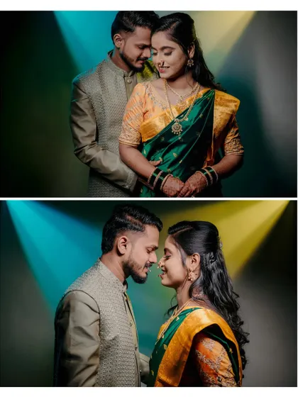 A collage of two portraits with creative studio lighting. The colorful background adds a modern, artistic flair to these traditional engagement photos.