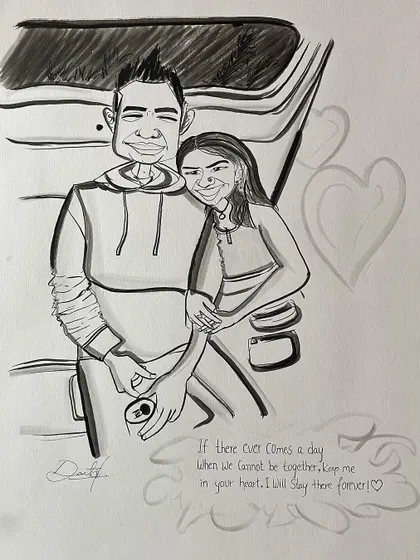 A duplicate of the romantic couple's caricature with a quote.