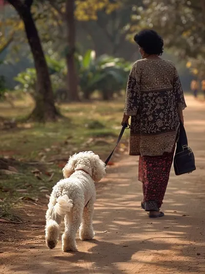 A gentle stroll through the park for Fluffy the Poodle. Our walks are a great time for one on one bonding with each dog.