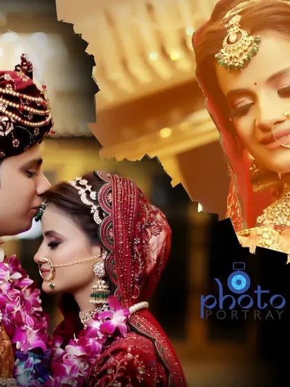An album layout featuring a tender moment of the groom kissing the bride's forehead, alongside a beautiful solo portrait of the bride.