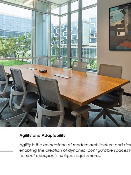 A quote on agility and adaptability as the cornerstones of modern architecture, enabling the creation of dynamic, configurable spaces.