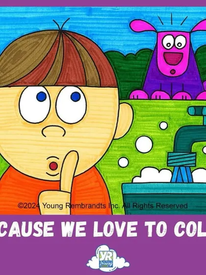 We love to color. This fun cartoon scene emphasizes the joy of using bright, bold colors to bring a drawing to life, a key part of every lesson we teach.