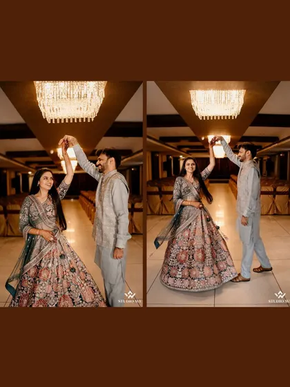 A collage of the couple dancing at their engagement party, their smiles and movements capturing the joy of the celebration.