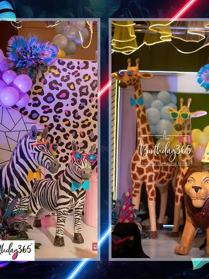 Party animals in sunglasses! For our neon jungle theme, we gave the zebra and giraffe props a cool makeover with shades and party hats.