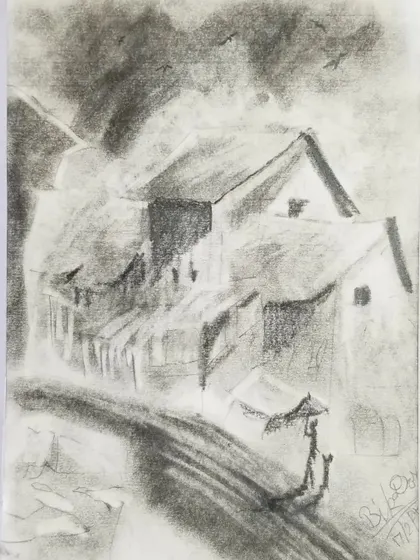 This beautiful charcoal drawing of a rainy village scene was made by an 8 year old. Amazing work.