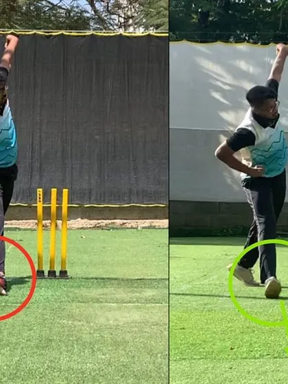 This image shows the improvement in the left arm wrist spinner's finish. A better front foot control and arm flow lead to a more stable and aligned follow-through, improving consistency.