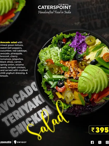 Our Avocado Teriyaki Chicken Salad is a must-try. It combines mixed green lettuce, sweet bell peppers, creamy avocado, and teriyaki chicken, all served with a crushed chili yogurt dressing for a perfect balance of flavors.