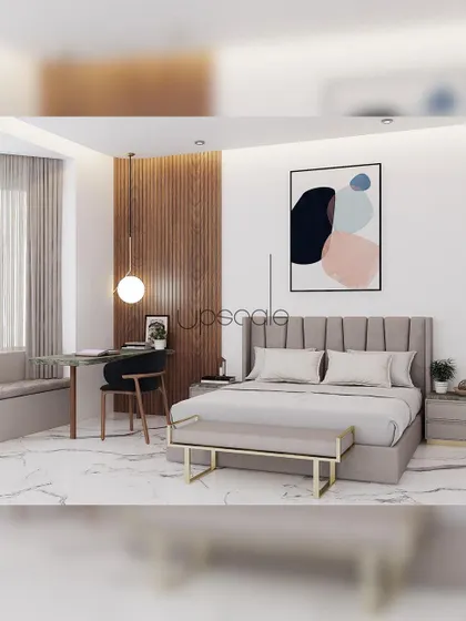 This 3D render showcases a modern bedroom design with a vertically paneled headboard, a sleek work-from-home corner, and a marble-finish floor, blending functionality with contemporary style.