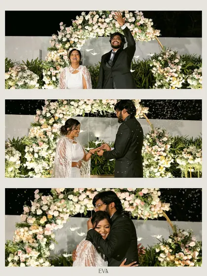 A collage capturing the key moments of the ring ceremony under a floral arch, from the entrance to the emotional embrace.