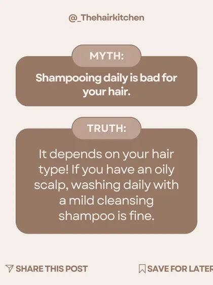 Debunking the myth that daily shampooing is bad for your hair. The truth is, it depends on your hair type. For an oily scalp, washing daily with a mild cleansing shampoo is perfectly fine.