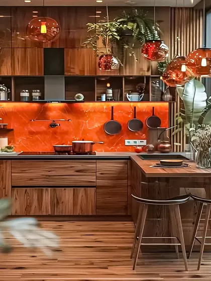 I designed this kitchen with a warm, rustic feel, using rich wood cabinetry and a bold orange backsplash. The hanging pendant lights and integrated breakfast bar create a cozy and inviting atmosphere perfect for cooking and socializing.