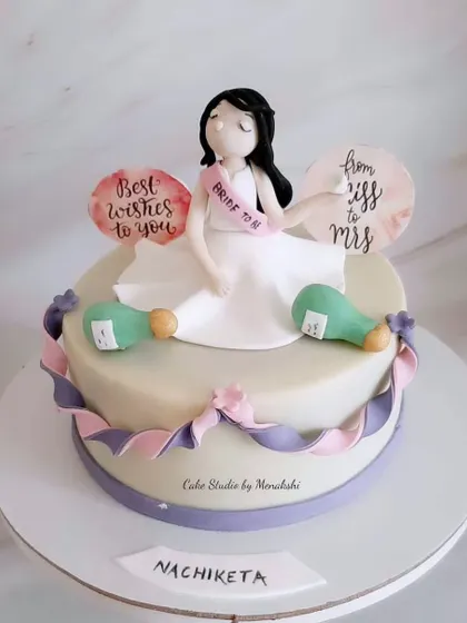 A popular design from my bachelorette cake catalog. This cake for the 'Bride to Be' is a fun way to celebrate the transition from Miss to Mrs.