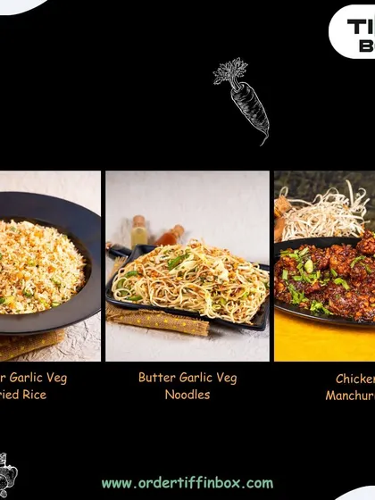 A great combination of veg and non-veg options. This image features our Butter Garlic Veg Fried Rice, Butter Garlic Veg Noodles, and classic Chicken Manchurian.