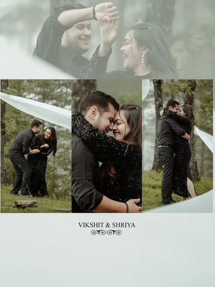 A dynamic collage of a couple laughing and embracing in the forest. The white fabric element adds movement and a touch of ethereal beauty to the scene.
