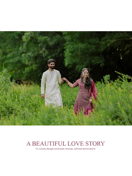 A beautiful love story begins. This image, styled like an album cover, captures the couple in their wedding attire amidst nature.