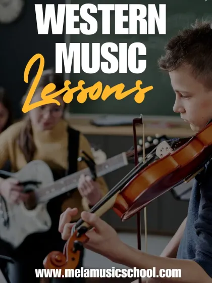 A student learns the violin in a group setting, with others playing guitar in the background. I offer engaging lessons in a variety of Western instruments to unleash your potential.
