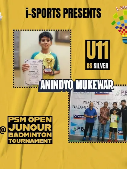Anindyo Mukewar celebrates his Silver medal in the U11 Boys Singles at the PSM Open Junior Badminton Tournament.