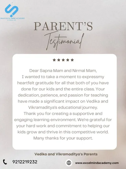 This heartfelt testimonial from Vedika and Vikramaditya's parents thanks us for our dedication, patience, and passion, which made a significant impact on their children's journey.