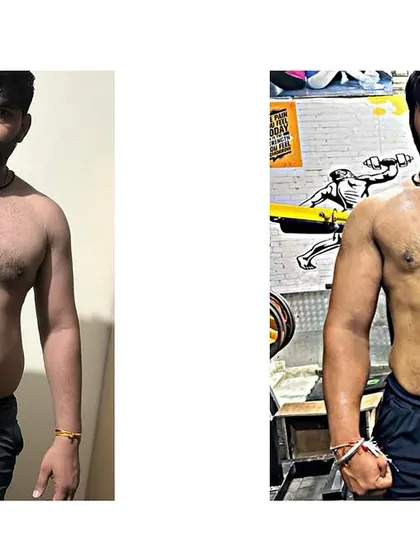 The journey from fat to fit is a process. This before and after shot shows the initial stages of a successful body recomposition, with visible fat loss and the beginnings of muscle definition.