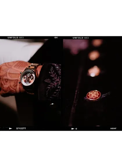 A collage of the groom's accessories, including his watch and cufflinks, with a vintage film effect.