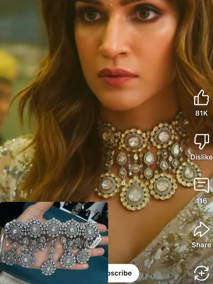 Our jewellery is often compared to the pieces worn by Bollywood celebrities. Here you can see a comparison of our oxidized Polki set with a similar one worn by Kriti Sanon. You can get the star look right here.
