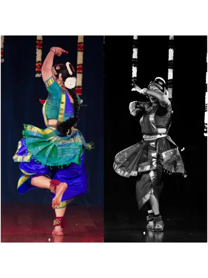 A split image showing Chaitra Rao in both color and monochrome, highlighting the dynamic and sculptural qualities of Bharatanatyam postures.