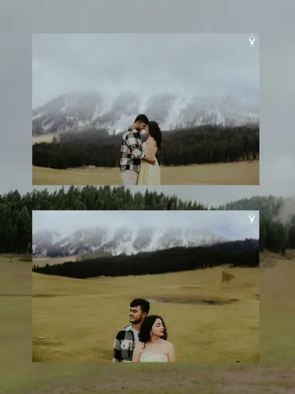 A two-panel collage from a Kashmir pre-wedding shoot, showing the couple in both a romantic embrace and a classic portrait against the stunning mountain scenery.