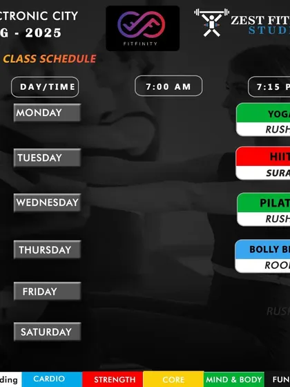 Here is our group class schedule for August 2025 at the Electronic City studio. We offer a variety of evening classes at 7:15 PM, including Yoga with Rushi, HIIT with Suraj, Pilates, and Bolly Beats with Roopa.