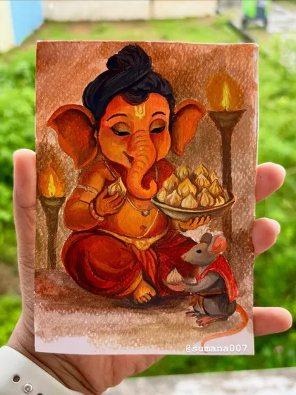 In this painting, Ganesha shares his plate of modaks with his little friend, Mooshika the mouse. It’s a heartwarming scene of friendship and generosity.