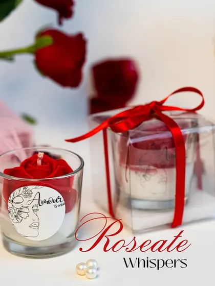 Another beautiful angle of the 'Roseate Whispers' candle, highlighting its romantic appeal. It's the perfect handcrafted gift to make your special someone feel cherished.