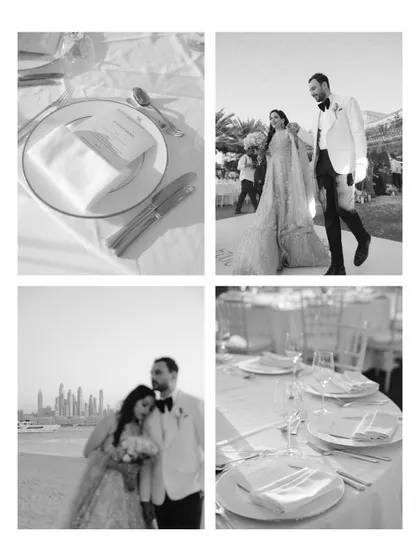 A black and white collage showing the elegant table settings and candid moments from Roha and Moin's reception.