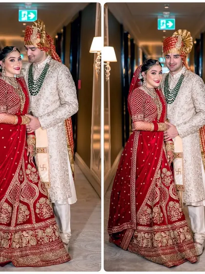 A formal, full-length portrait of the bride and groom in their stunning wedding attire, perfect for a classic wedding album.