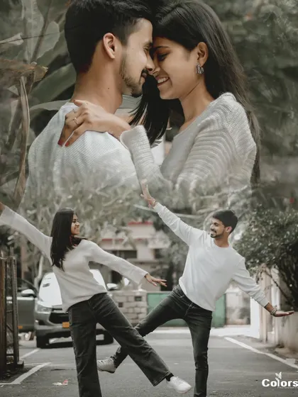 A dynamic collage combining a playful street pose with a romantic close-up.