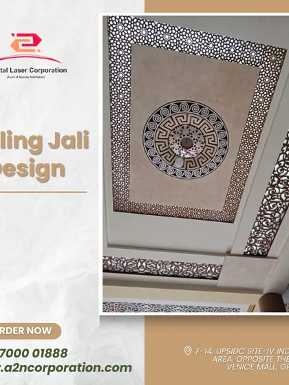 A close-up of a ceiling jali design featuring a central medallion with a Greek key pattern, surrounded by intricate floral jali work. This piece adds a strong focal point and a sense of classic elegance to the room's ceiling.