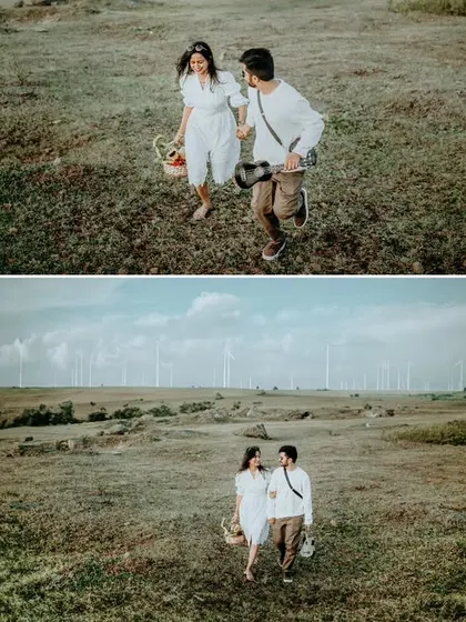 A diptych showing the couple walking through a vast, open field with windmills in the distance. This adventure-themed pre-wedding shoot captures a sense of freedom and togetherness.