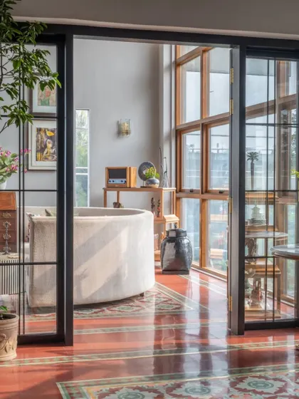 A view through the glass partitions in the Dhaka home, showing how we created distinct zones while maintaining a sense of openness and light. The patterned floor tiles flow through the spaces, unifying the design.
