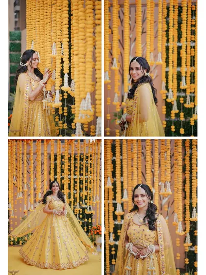 A four-image collage celebrating the bride's vibrant Haldi look. Set against a backdrop of marigolds, we captured her twirling, smiling, and showing off her beautiful yellow lehenga.