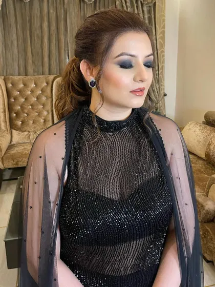 A close-up of the blended black eyeshadow, showing the seamless transition from dark to light. This technique ensures the smokey eye is intense but not harsh.