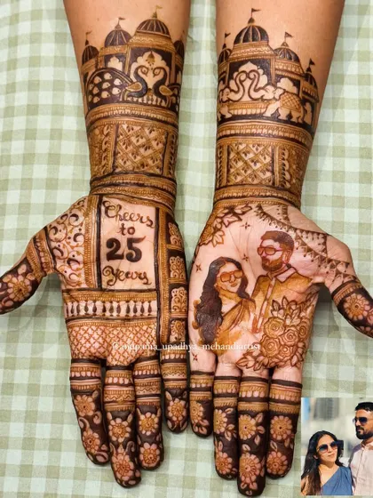This design was a special joy to create for a 25th anniversary. I recreated a favorite photo of the couple, telling their unique story in henna to celebrate a beautiful milestone.