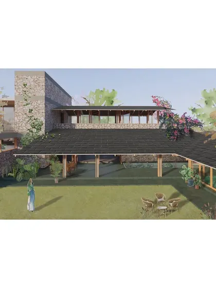This render shows the heart of the summerhouse: a deep, shaded verandah that looks out onto a private lawn. The home is designed around the enjoyment of its garden, with living spaces flowing effortlessly into the outdoors.
