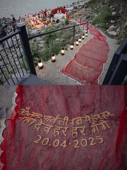 A personalized detail from the Rishikesh wedding. The aisle runner was embroidered with a Sanskrit blessing and the wedding date, a small touch that added immense meaning to their journey to the mandap.